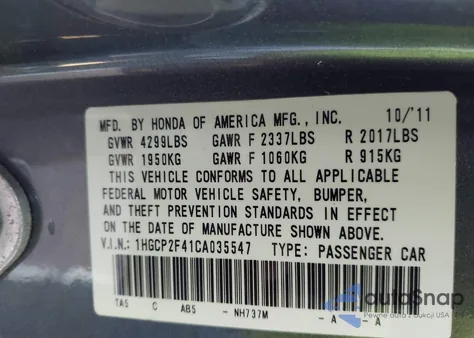 2012 Honda Accord 2.4 Lx-P из США, поврежденный, VIN 1HGCP2F41CA035547